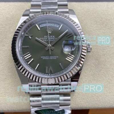 Swiss Replica Rolex Day-Date 40mm Olive Green Dial ARF 3255 Stainless Steel Watch